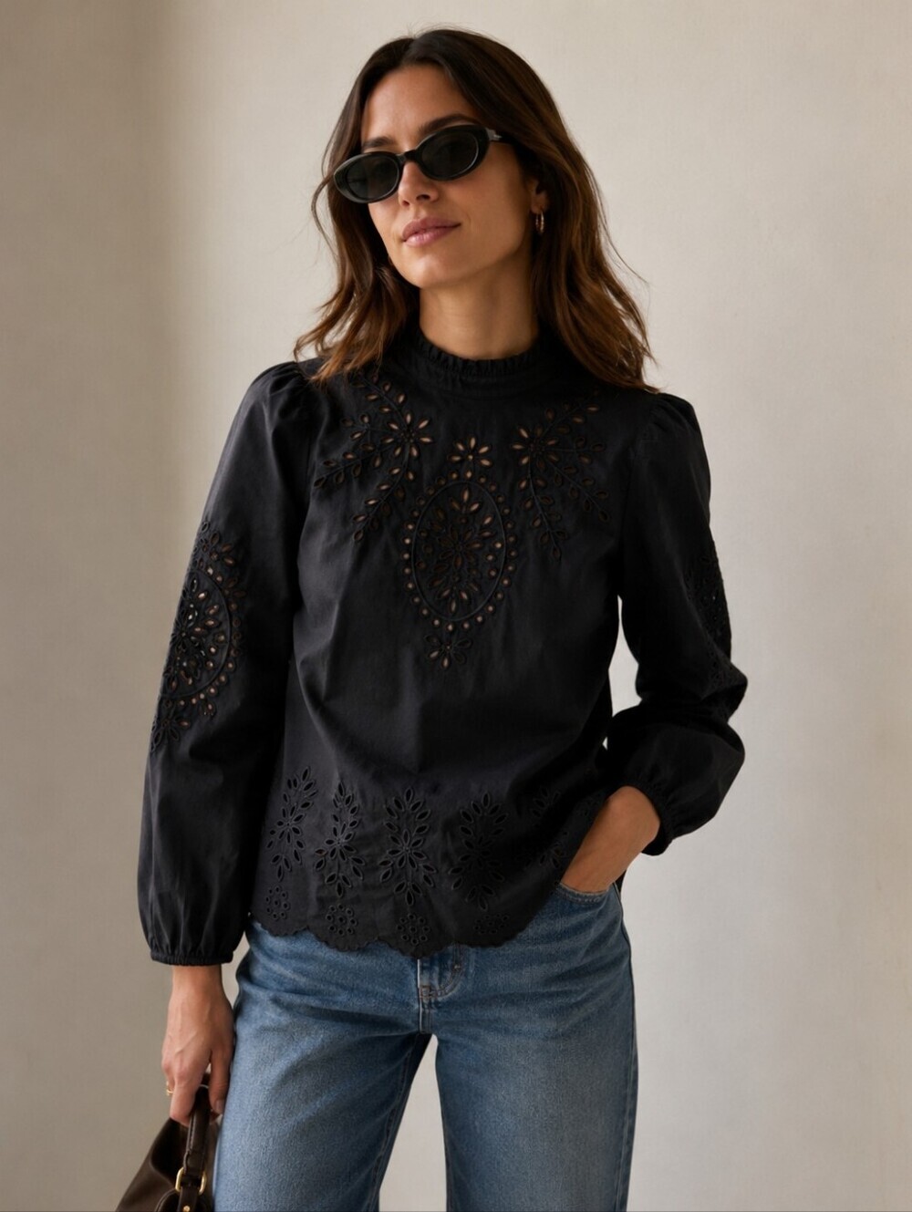 J Crew Black Label Mockneck Cotton Poplin Eyelet Top Black